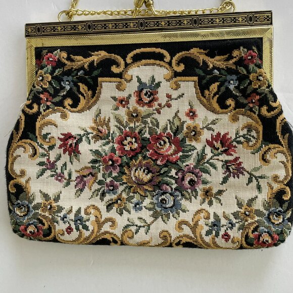 Vintage Needlepoint Bag with adjustable length chain Black with Floral Design - Picture 3 of 7